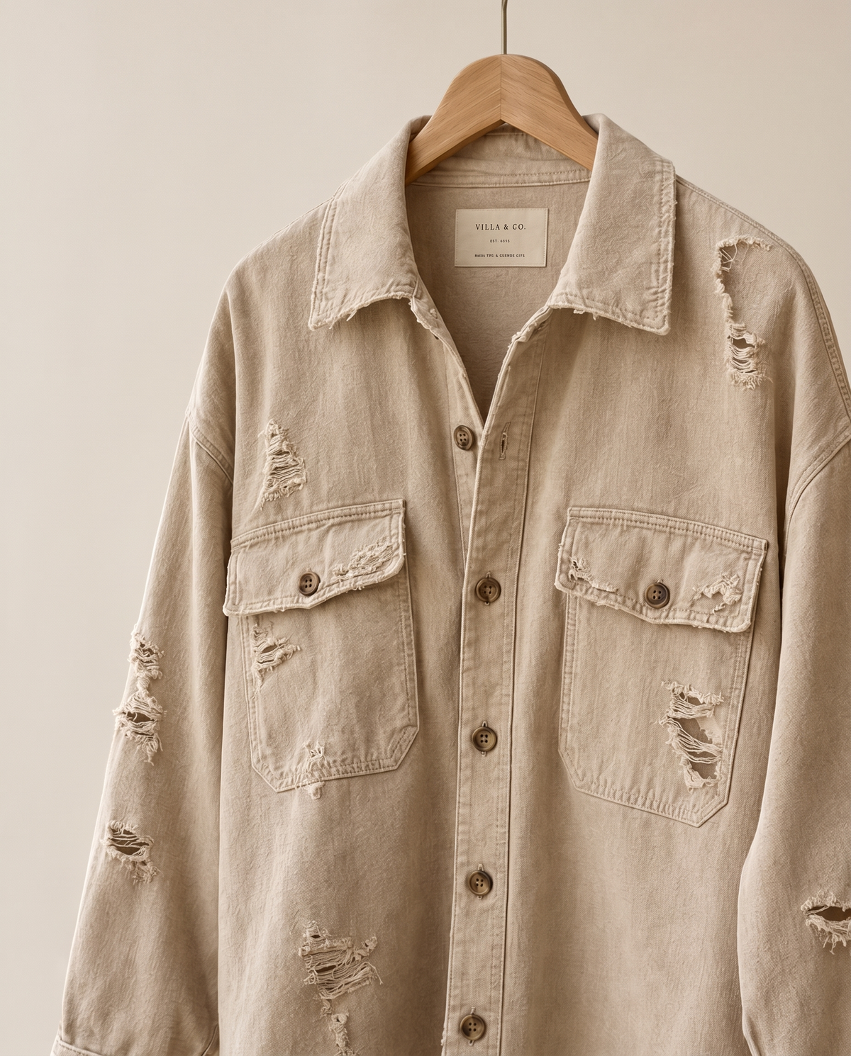 Distressed Shirt Jacket for Women — on hanger