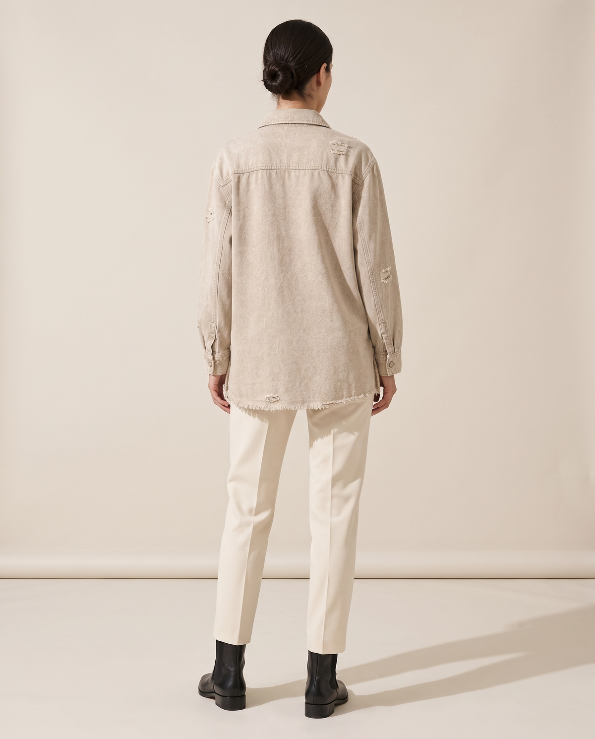 Distressed Shirt Jacket for Women — studio back