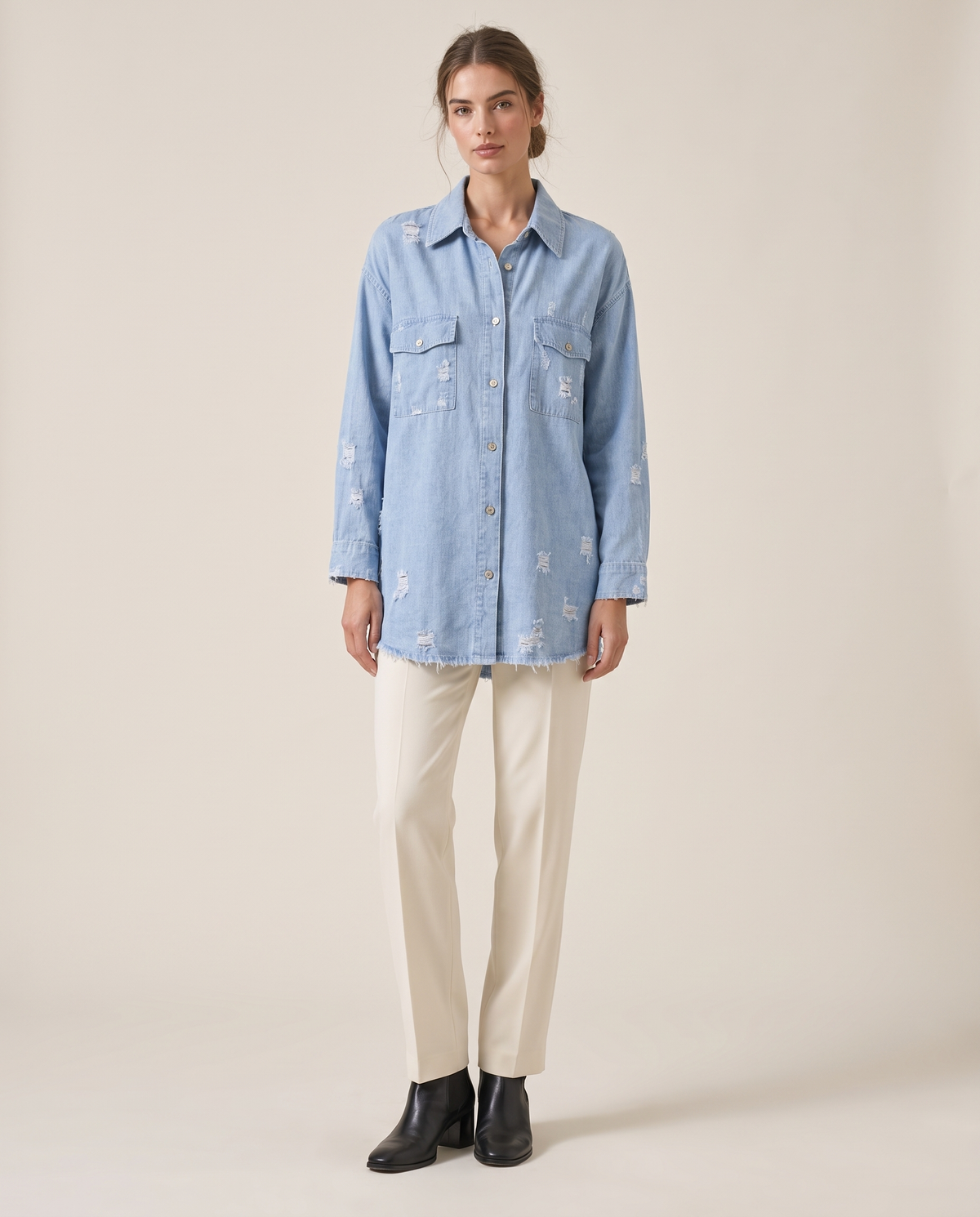 Distressed Shirt Jacket for Women — light blue, studio front