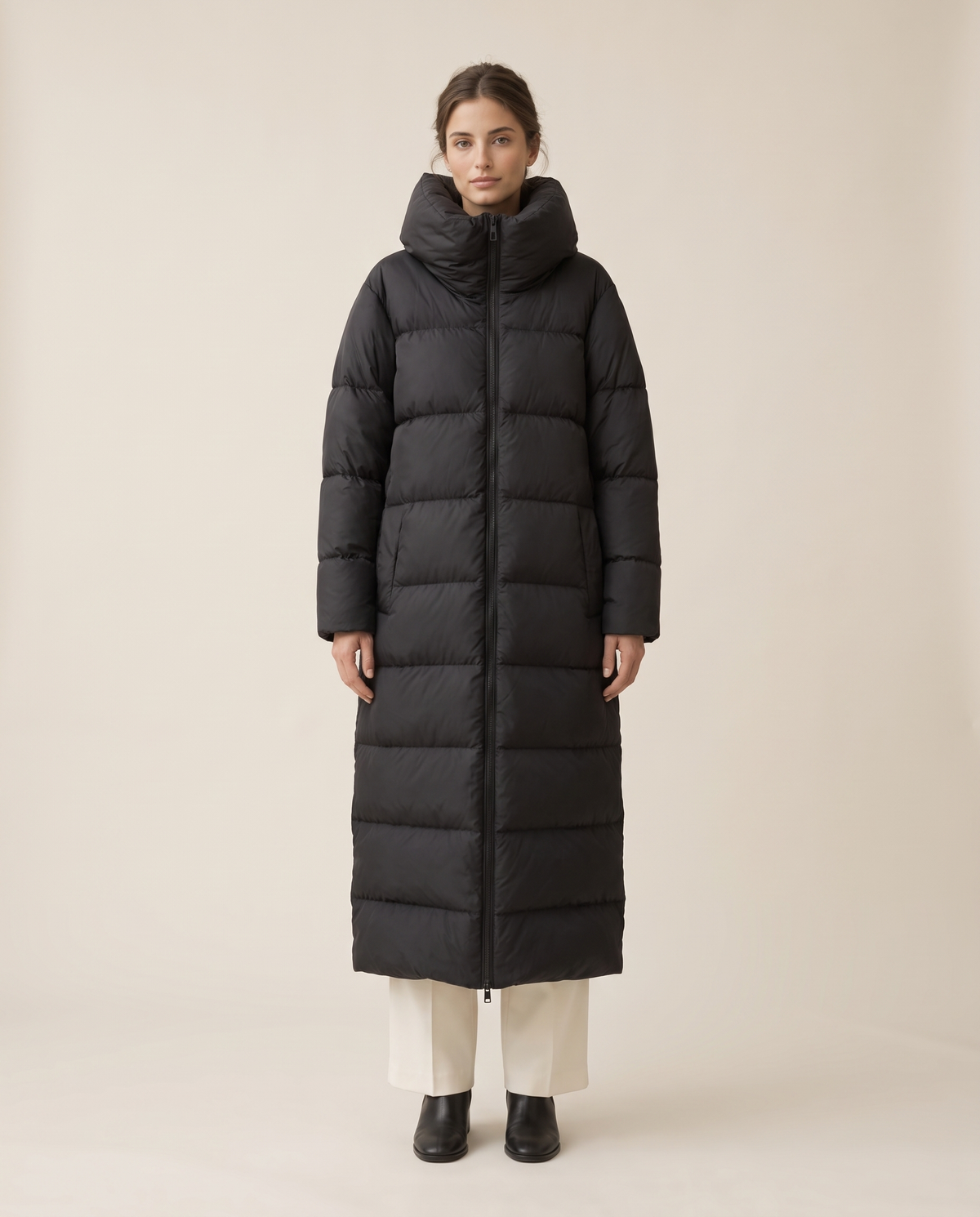 Long Puffer Coat with Oversized Collar — studio front