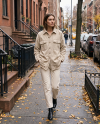 Distressed Shirt Jacket for Women — worn on a New York street in autumn