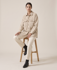 Distressed Shirt Jacket for Women — worn seated