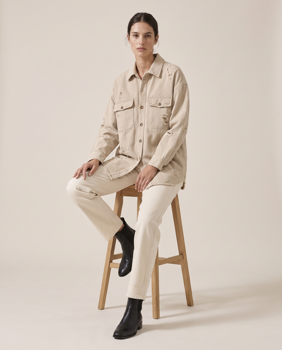 Distressed Shirt Jacket for Women — worn seated