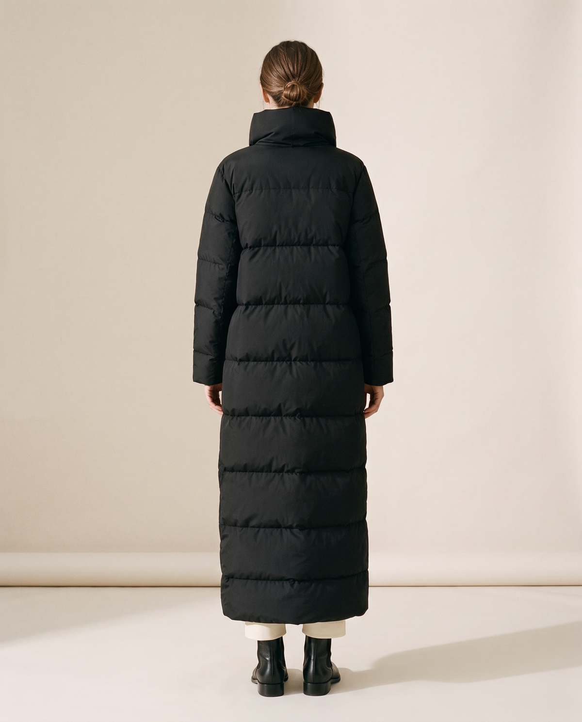 Long Puffer Coat with Oversized Collar — studio back