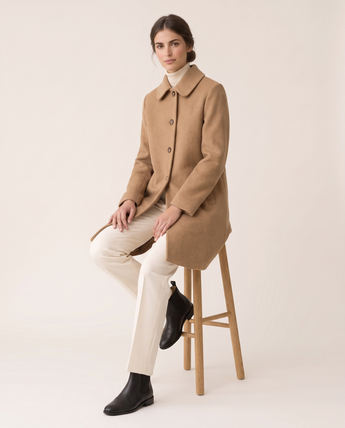 Wool Polo-Collar Coat for Women — worn seated