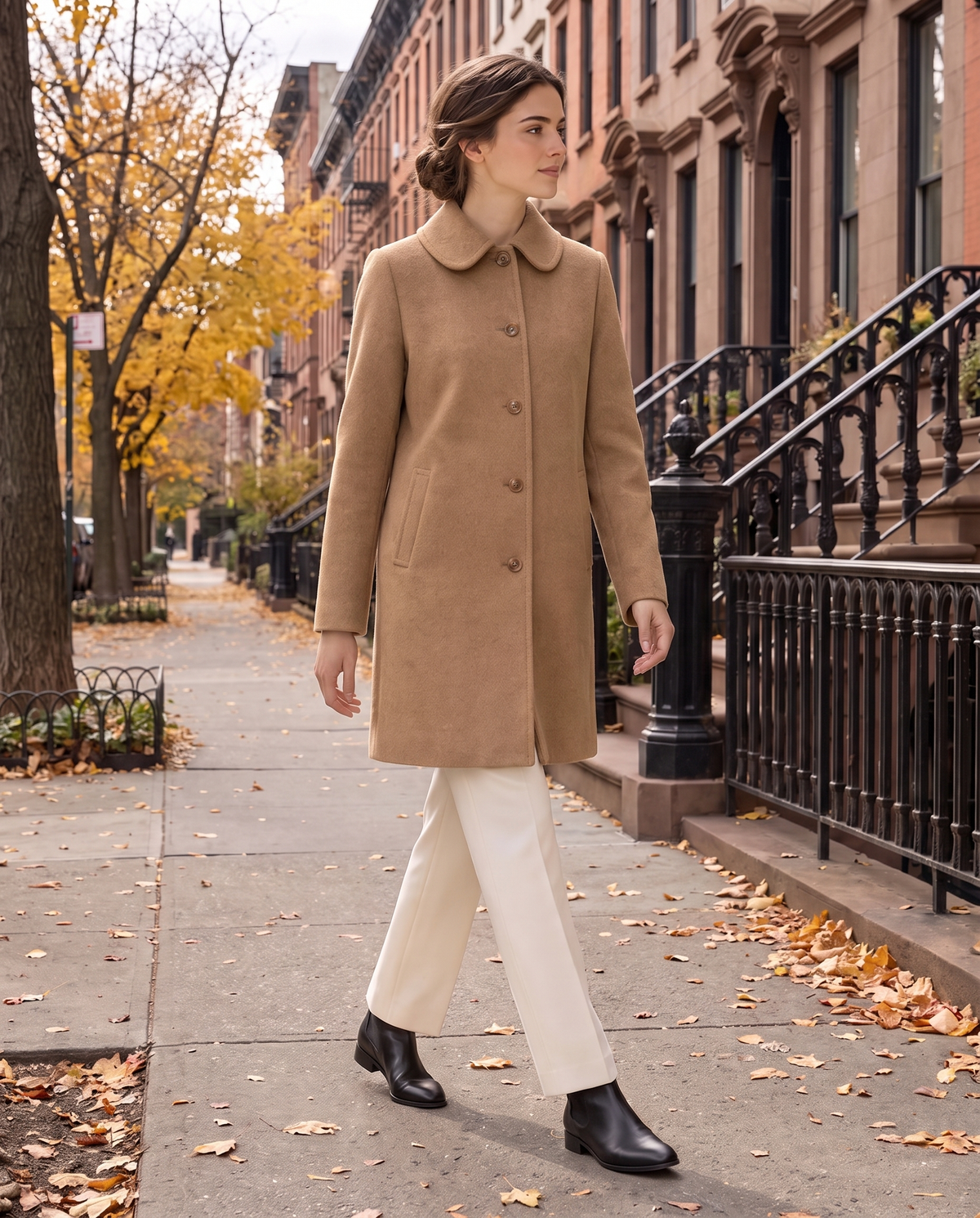 Wool Polo-Collar Coat for Women — worn on a New York street in autumn