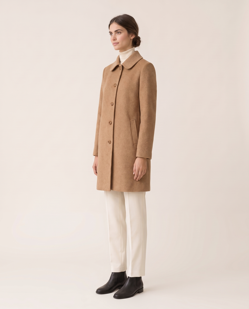 Wool Polo-Collar Coat for Women — three-quarter view