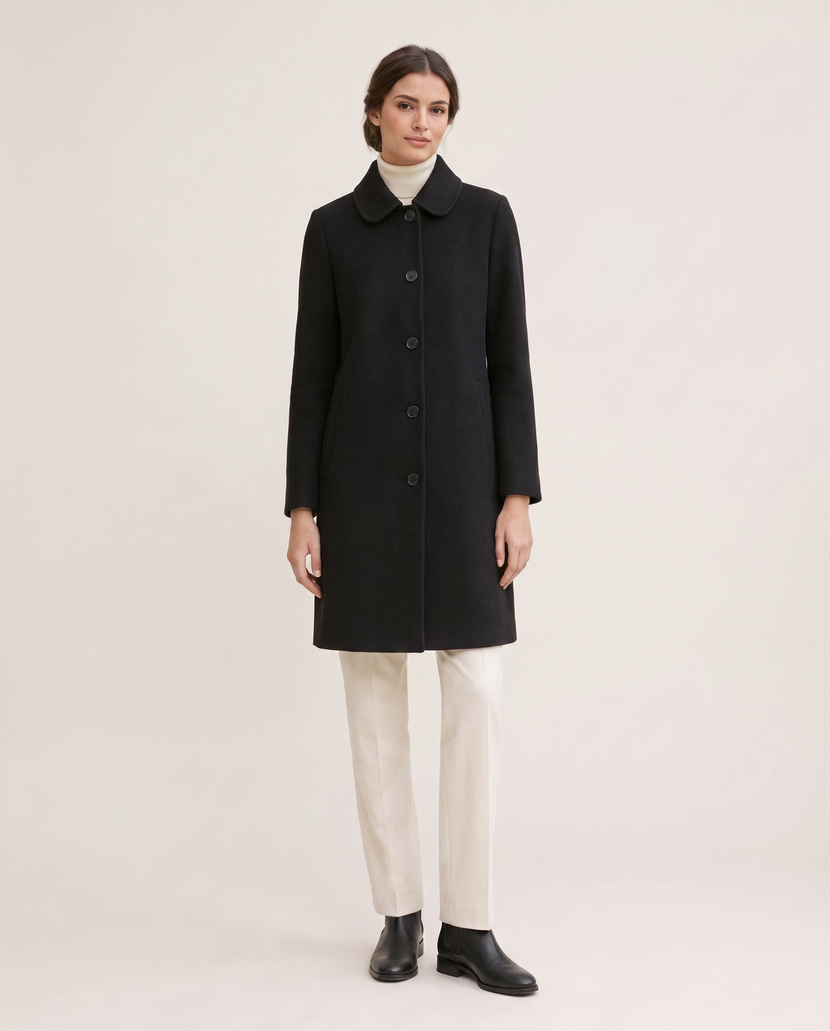 Wool Polo-Collar Coat for Women — black, studio front