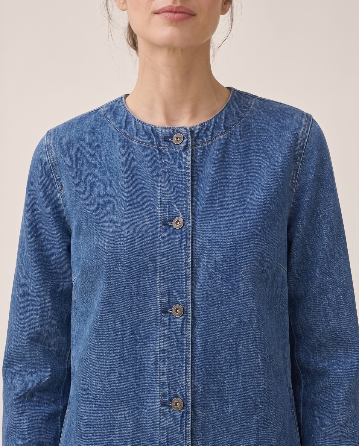 Long Denim Coat for Women — neckline and buttons, worn