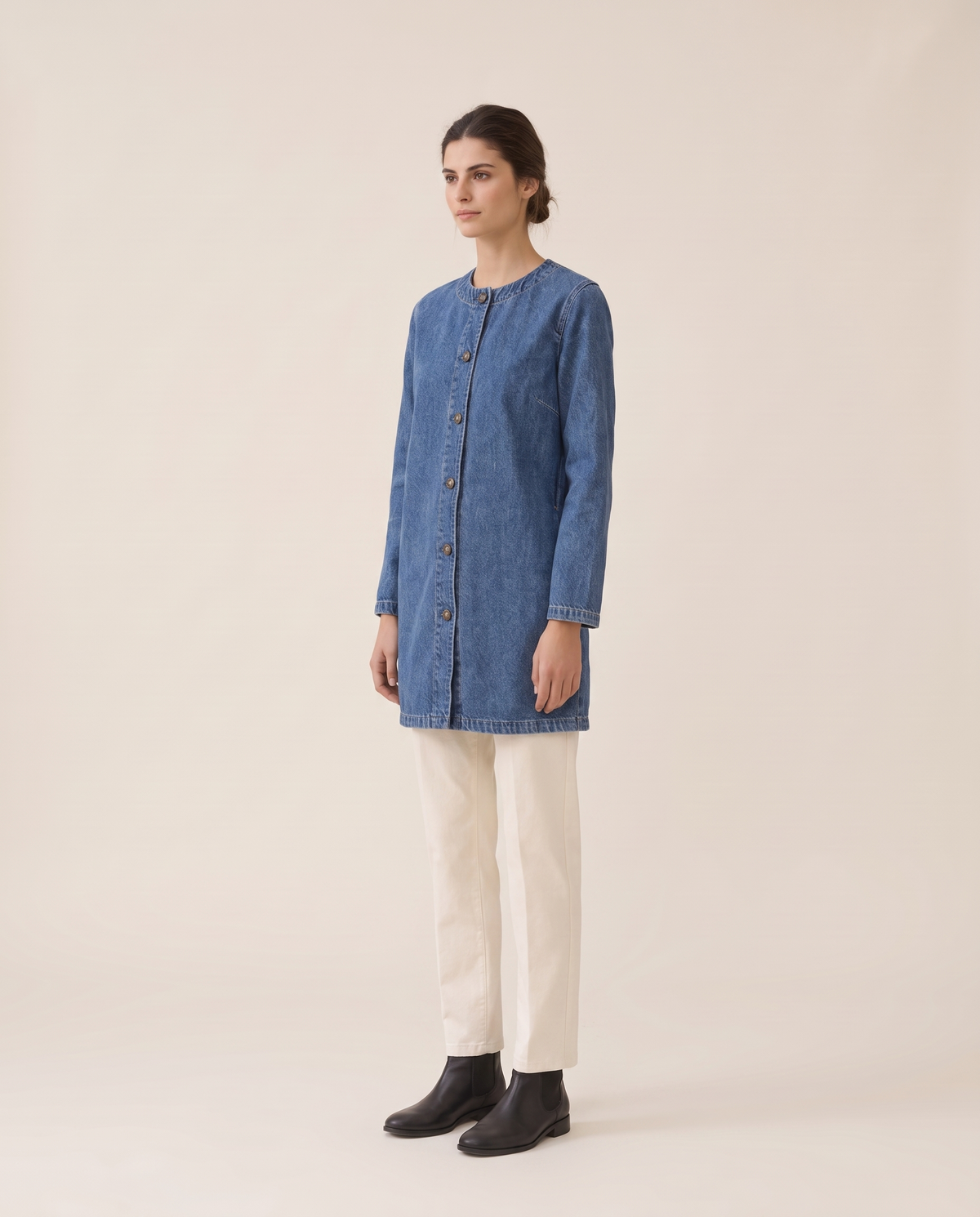 Long Denim Coat for Women — three-quarter view