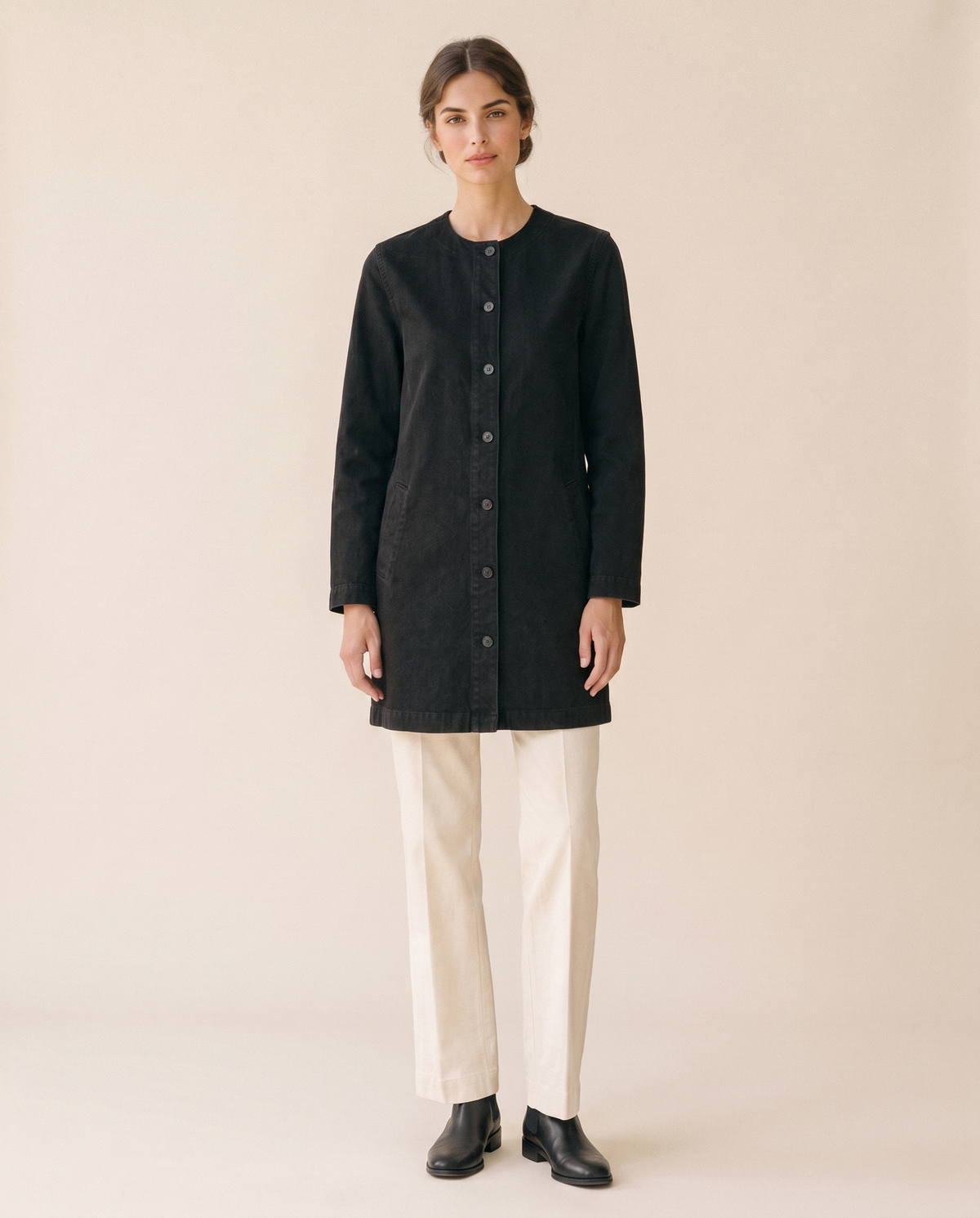 Long Denim Coat for Women — black, studio front
