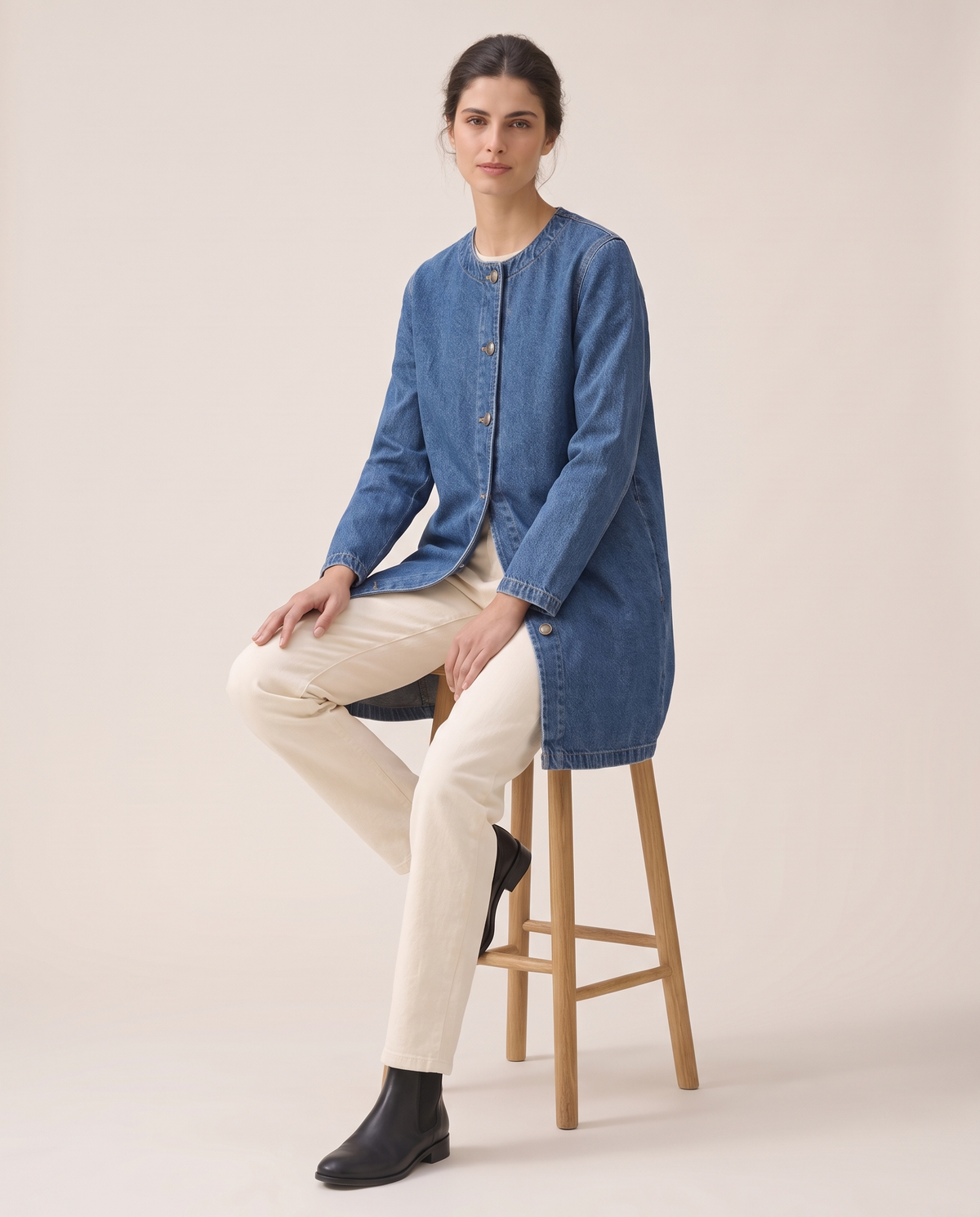 Long Denim Coat for Women — worn seated