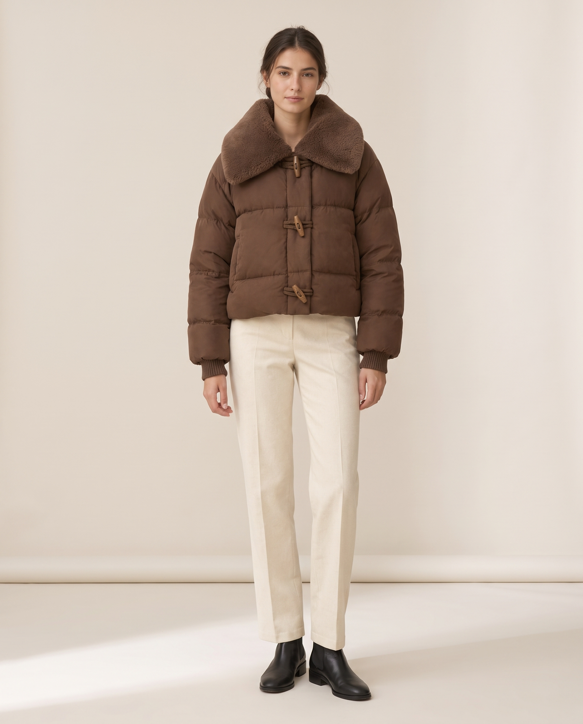 Cropped Puffer Jacket with Plush Collar — studio front