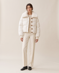 Cropped Puffer Jacket with Plush Collar — white, studio front
