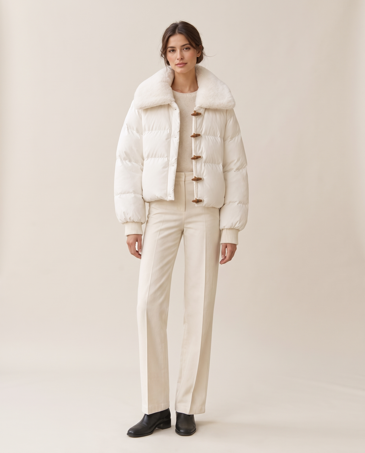 Cropped Puffer Jacket with Plush Collar — white, studio front