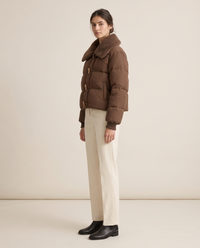 Cropped Puffer Jacket with Plush Collar — three-quarter view