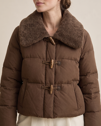 Cropped Puffer Jacket with Plush Collar — plush collar and toggles, worn