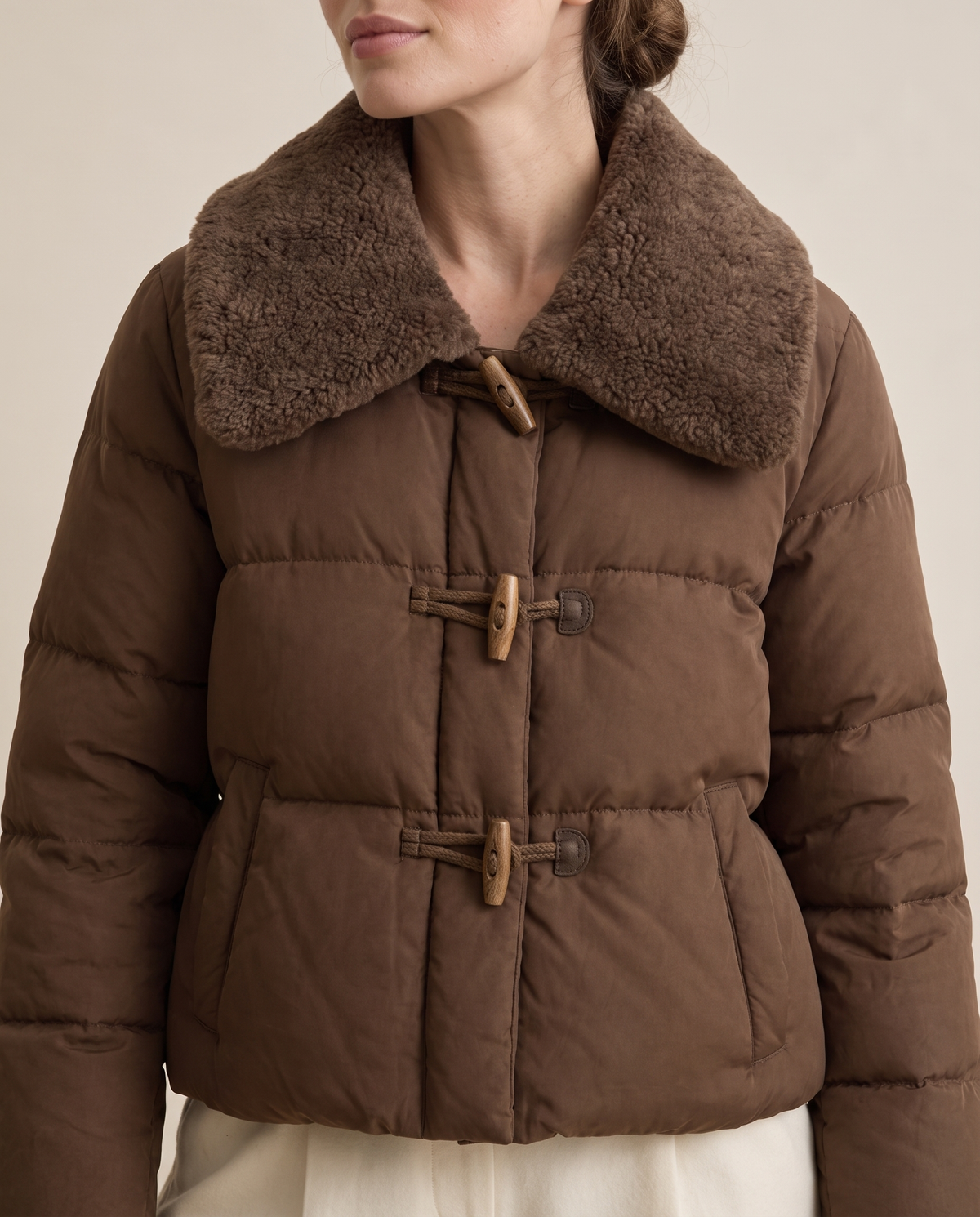 Cropped Puffer Jacket with Plush Collar — plush collar and toggles, worn