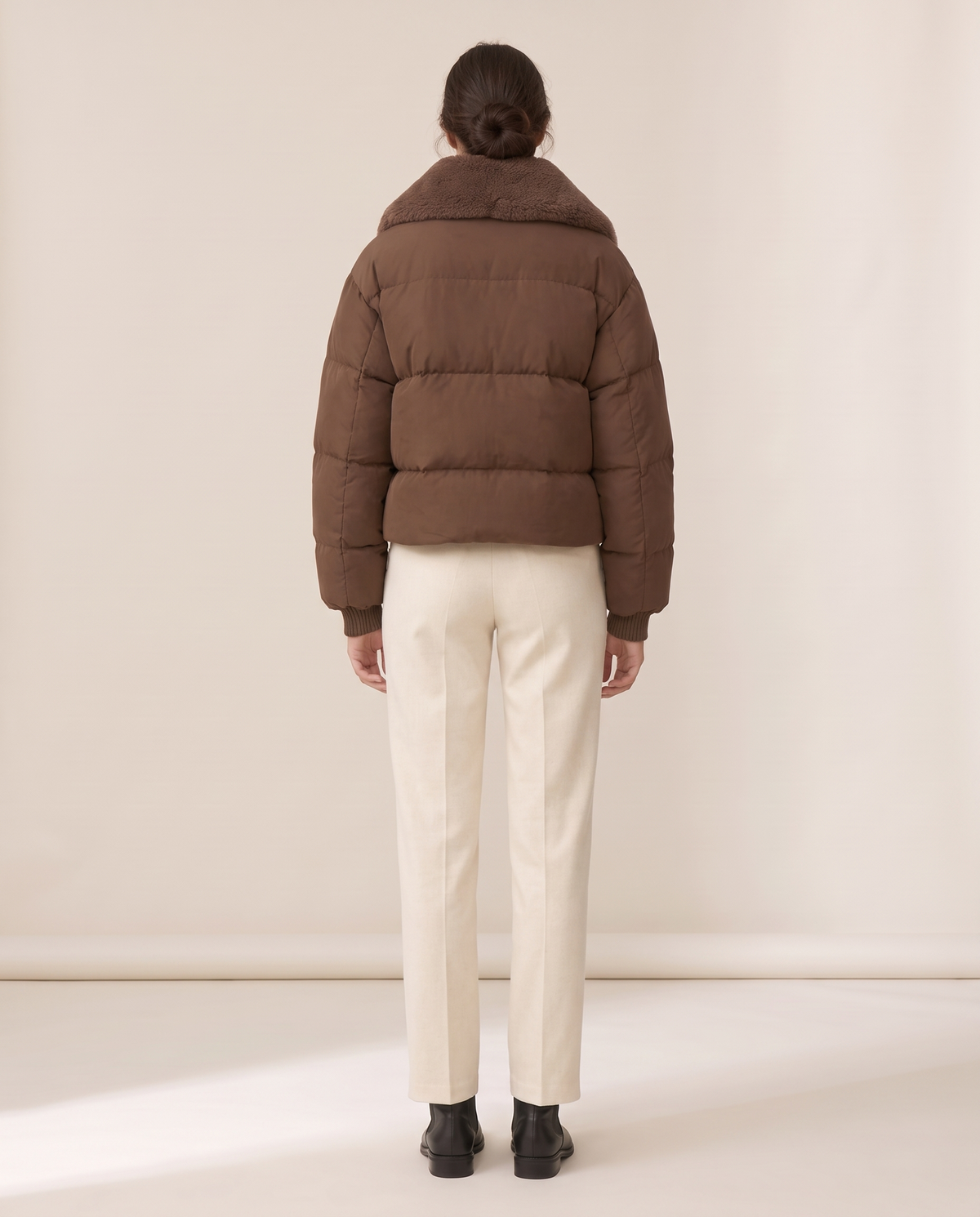 Cropped Puffer Jacket with Plush Collar — studio back