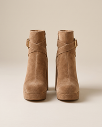 Block Heel Ankle Boots with Crossover Buckle Strap — pair, studio
