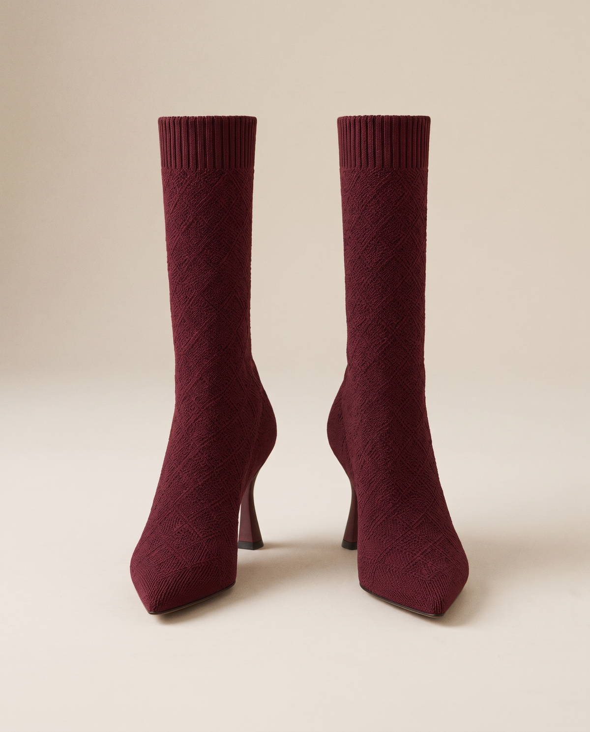 Pointed Toe Sock Boots in Stretch Knit — burgundy
