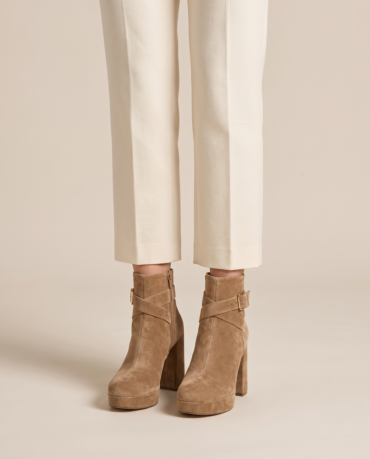 Block Heel Ankle Boots with Crossover Buckle Strap — worn, studio