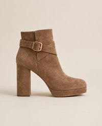 Block Heel Ankle Boots with Crossover Buckle Strap — side profile