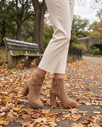 Block Heel Ankle Boots with Crossover Buckle Strap — worn in Central Park in autumn