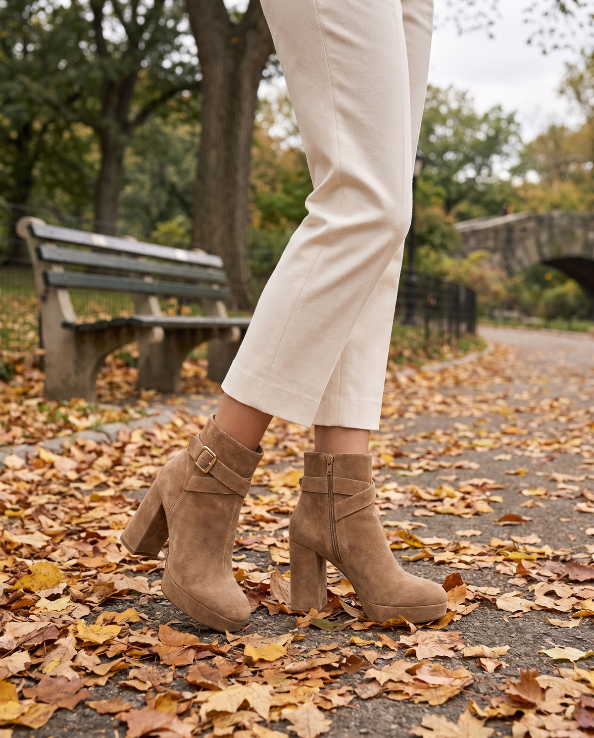 Block Heel Ankle Boots with Crossover Buckle Strap — worn in Central Park in autumn