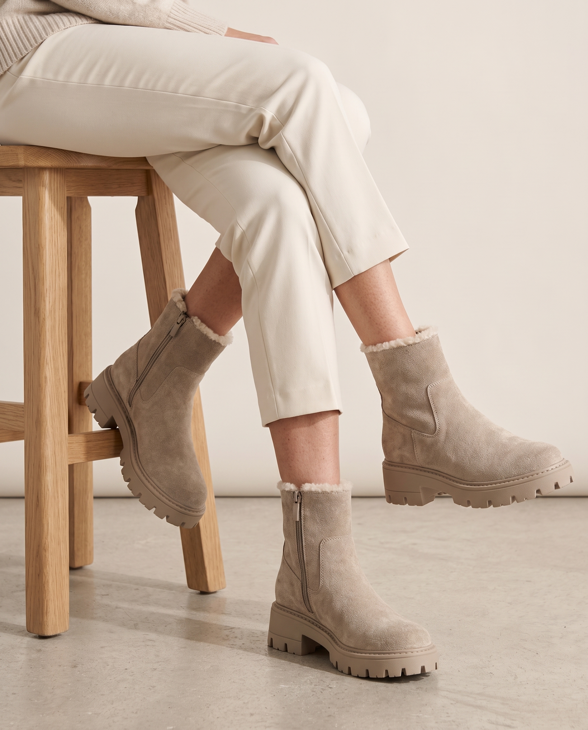 Fleece-Lined Suede Winter Ankle Boots — worn seated