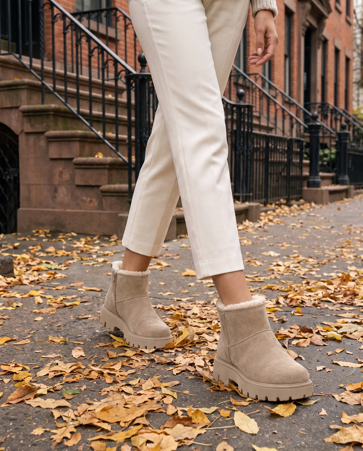 Fleece-Lined Suede Winter Ankle Boots — worn on a New York street in autumn