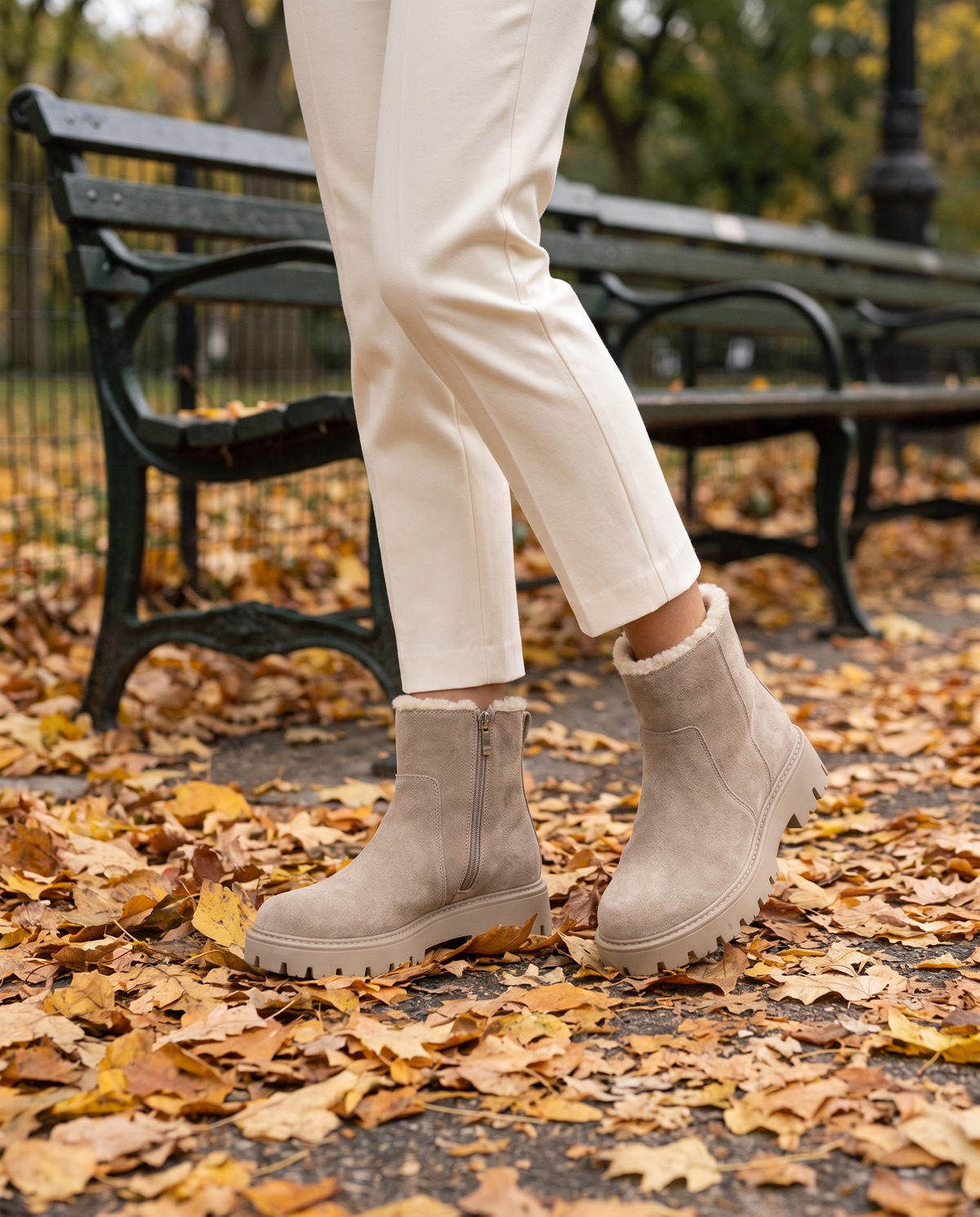 Fleece-Lined Suede Winter Ankle Boots — worn in Central Park in autumn