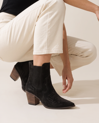 Western Ankle Boots with Pointed Toe — worn, crouching