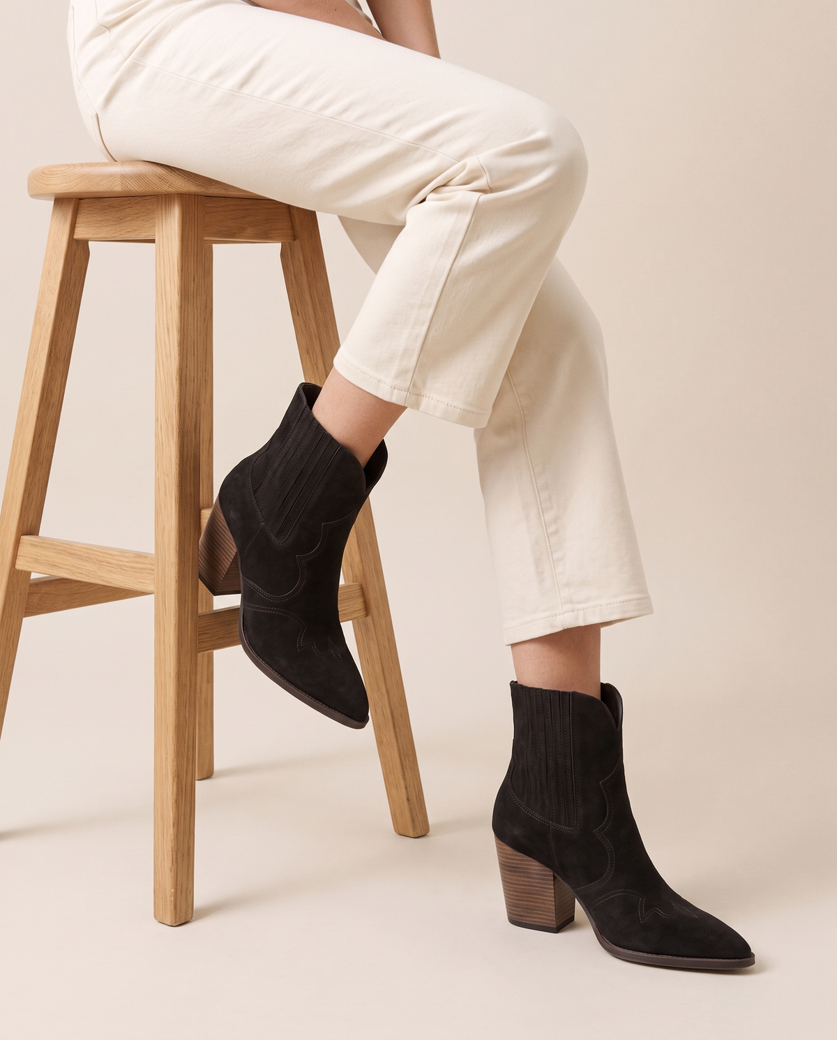 Western Ankle Boots with Pointed Toe — worn seated