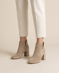 Suede Ankle Boots with V-Cut and Block Heel — worn, studio