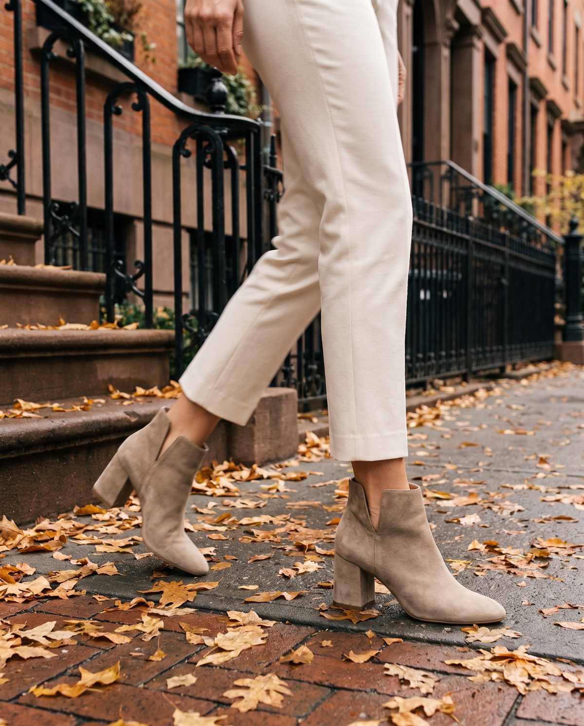 Suede Ankle Boots with V-Cut and Block Heel — worn on a New York street in autumn