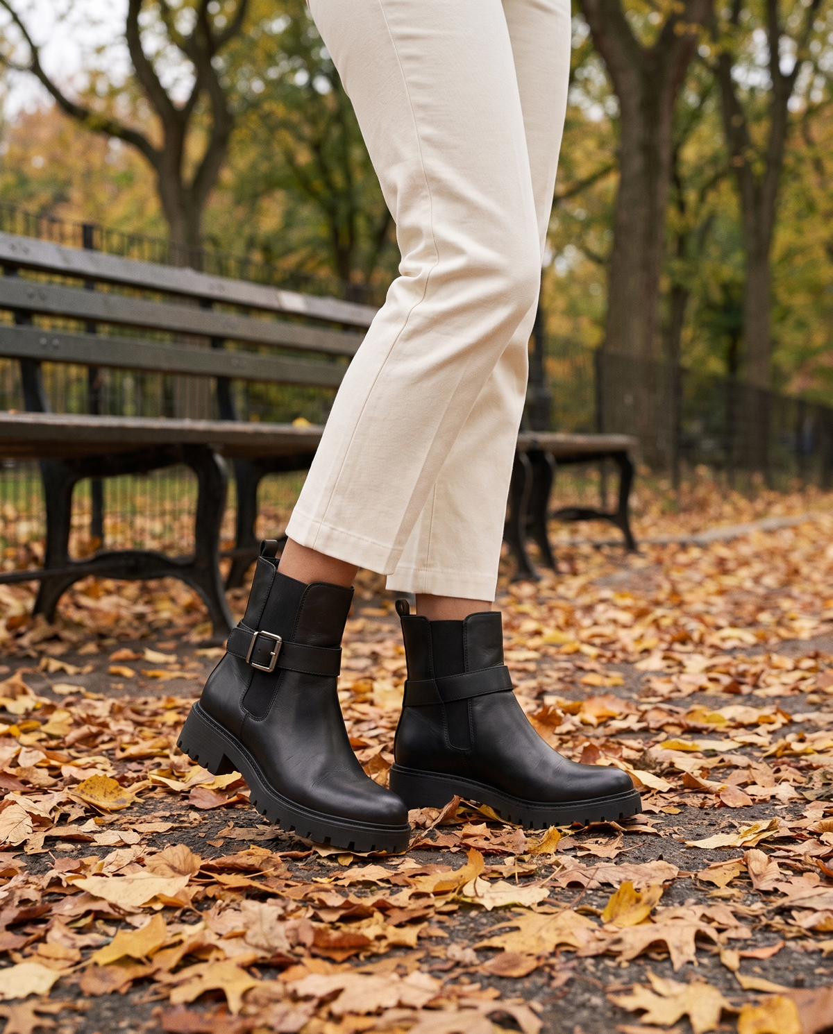 Pull-On Ankle Boots with Buckle Strap and Lug Sole — worn in Central Park in autumn