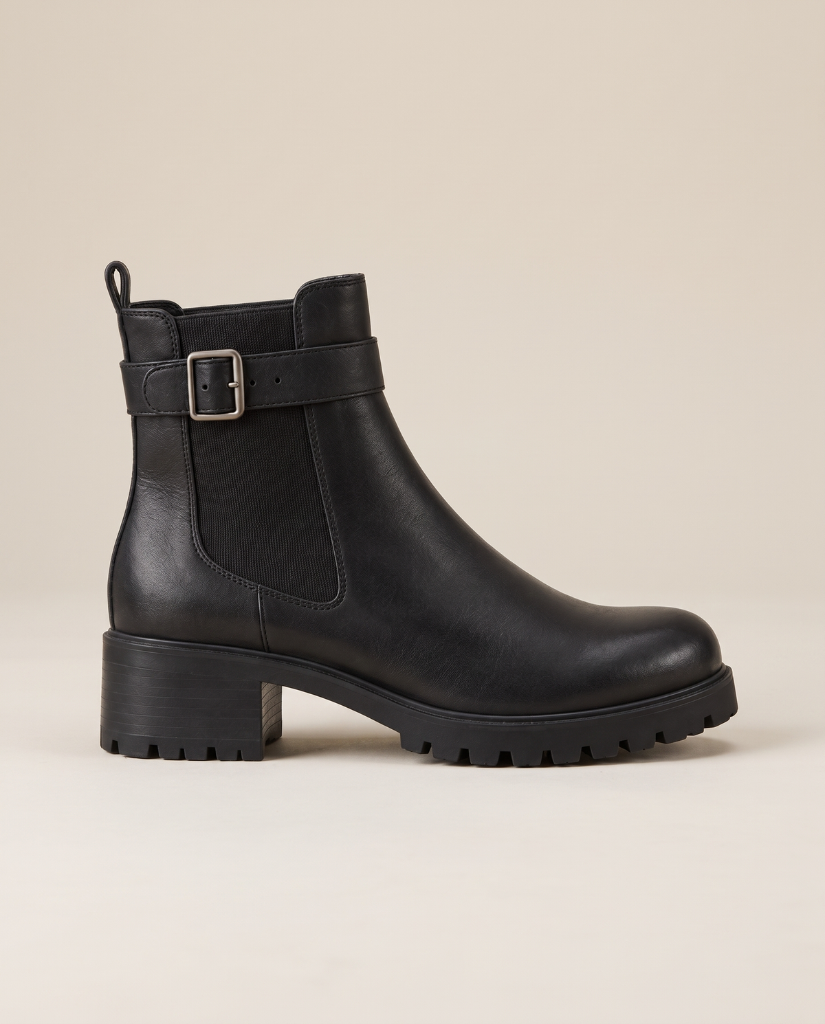 Pull-On Ankle Boots with Buckle Strap and Lug Sole — side profile