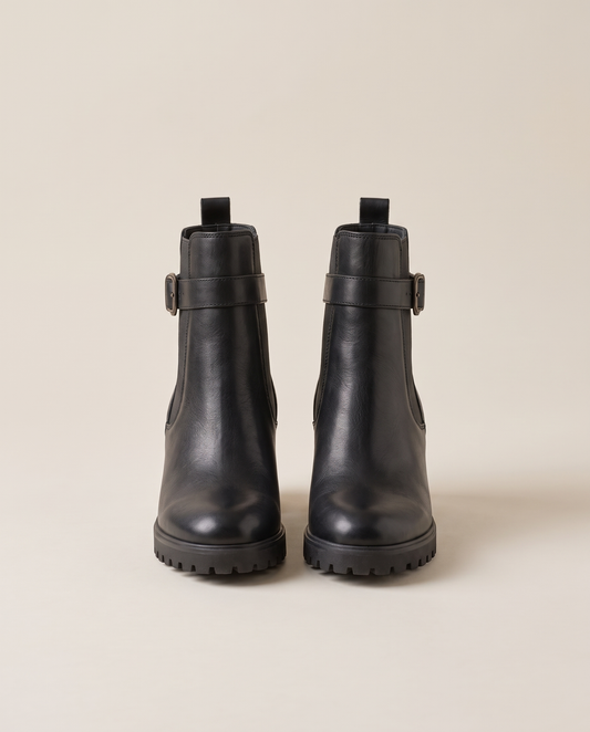 Pull-On Ankle Boots with Buckle Strap and Lug Sole — pair, studio