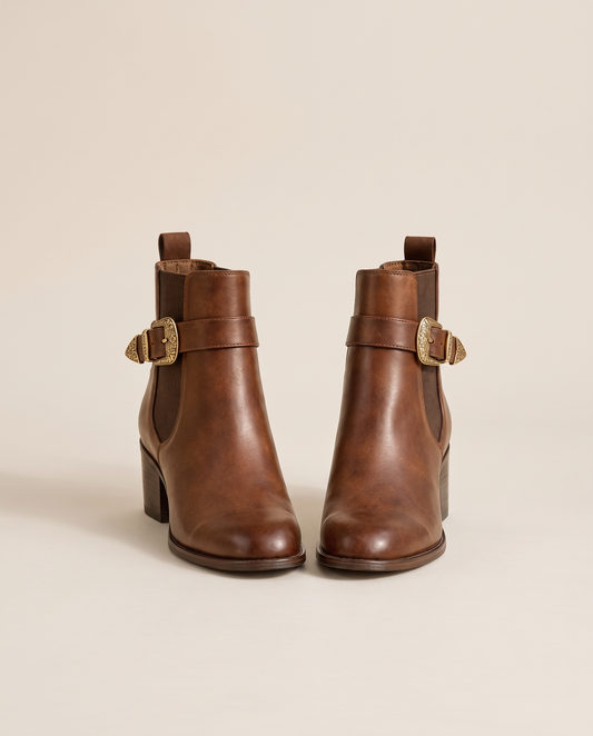 Western Buckle Ankle Boots in Burnished Brown — pair, studio