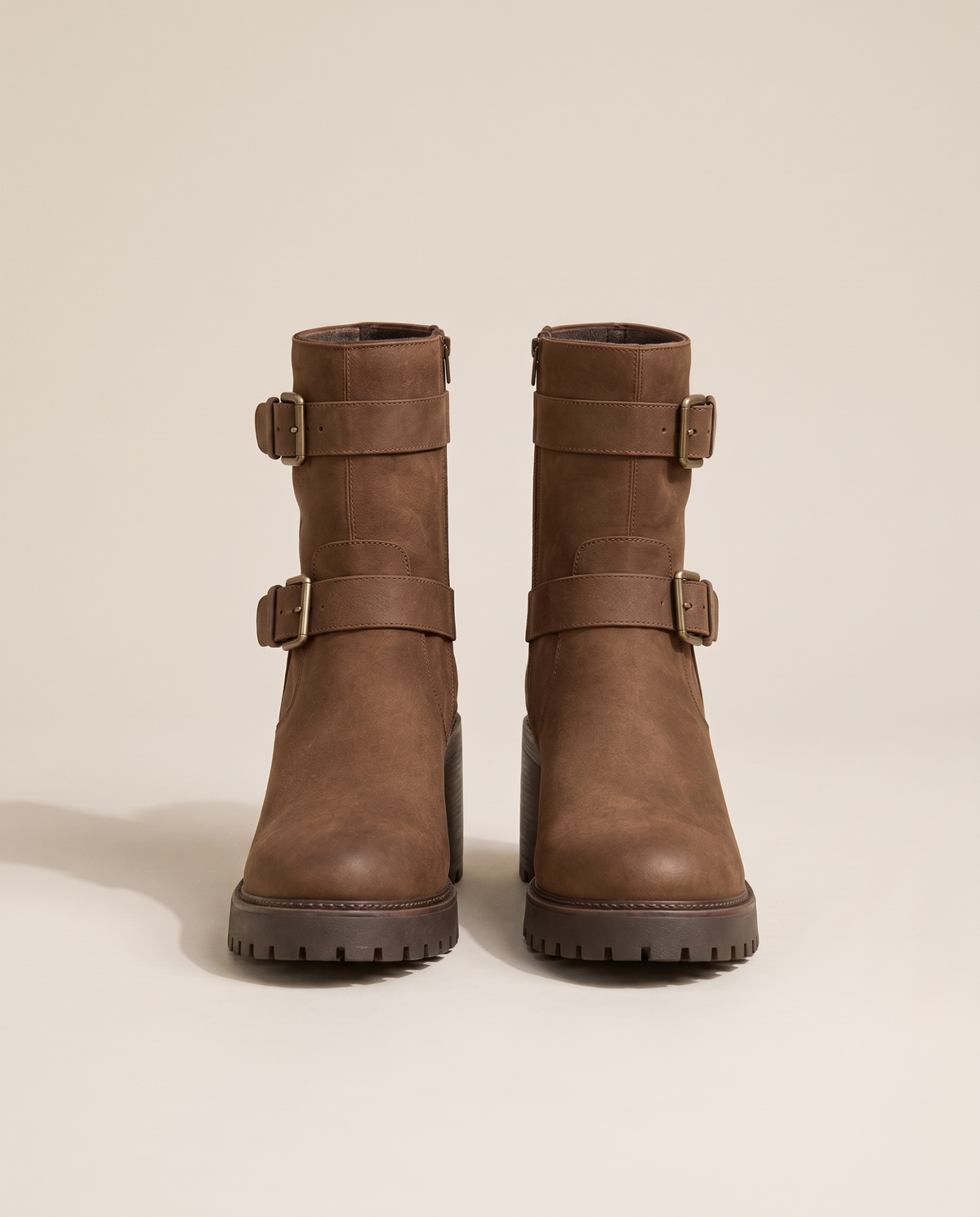 Moto Ankle Boots with Double Buckle and Chunky Heel — pair, studio