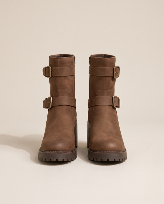 Moto Ankle Boots with Double Buckle and Chunky Heel — pair, studio