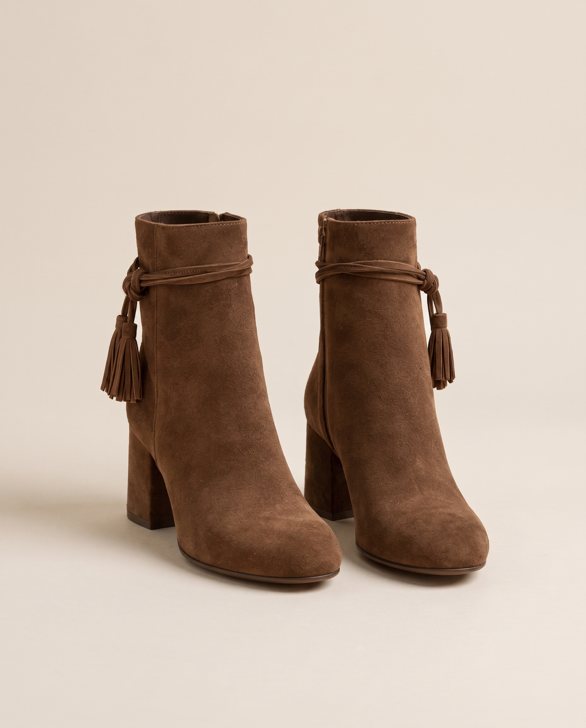 Block Heel Ankle Boots with Tassel Wrap Straps — pair, studio