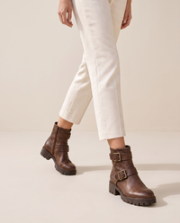 Moto Ankle Boots with Double Buckle and Chunky Heel — worn, studio