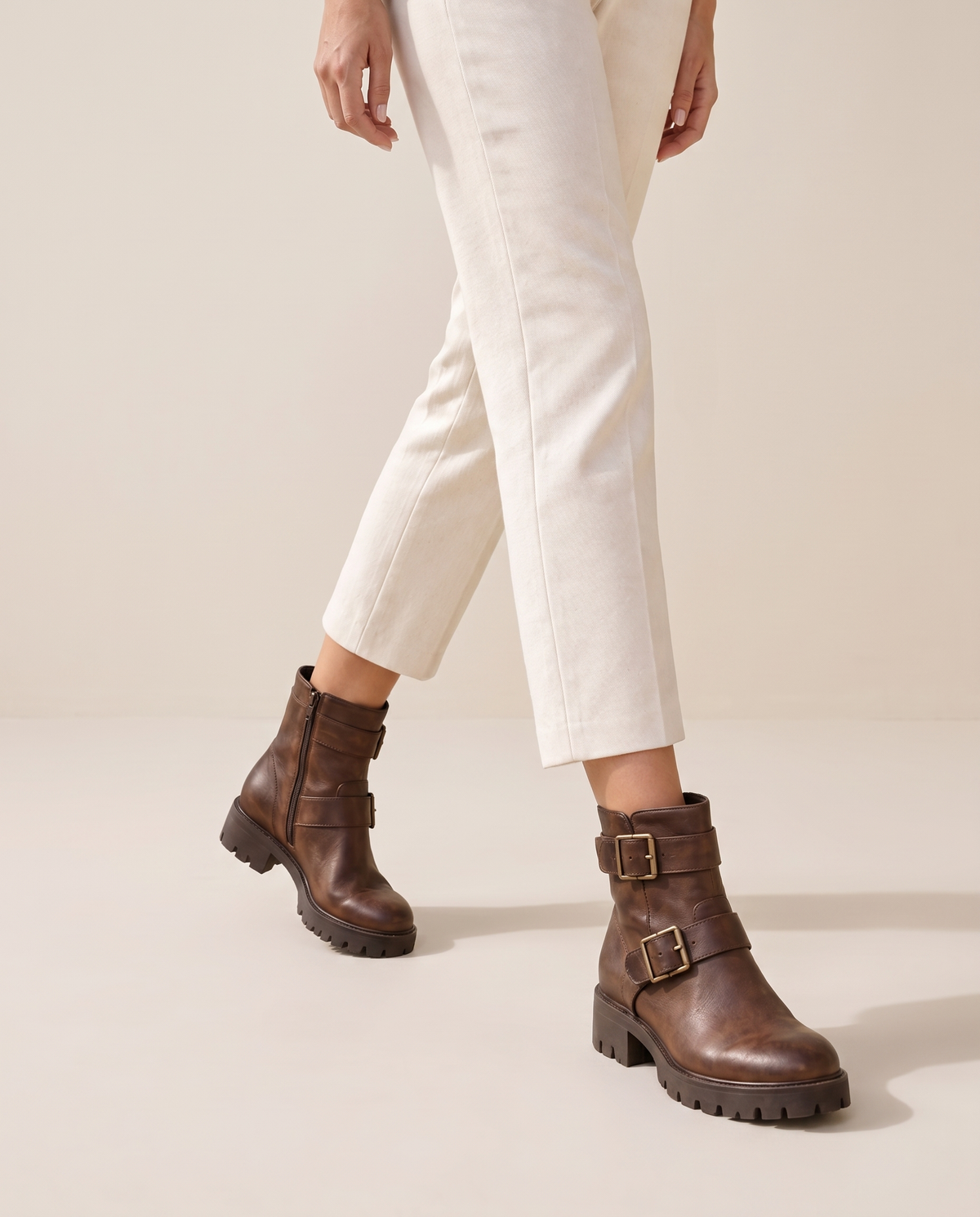Moto Ankle Boots with Double Buckle and Chunky Heel — worn, studio