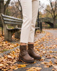 Moto Ankle Boots with Double Buckle and Chunky Heel — worn in Central Park in autumn