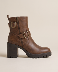 Moto Ankle Boots with Double Buckle and Chunky Heel — side profile