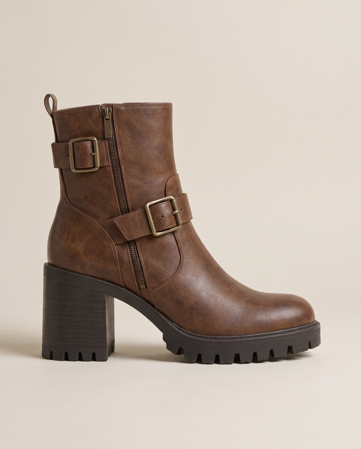 Moto Ankle Boots with Double Buckle and Chunky Heel — side profile