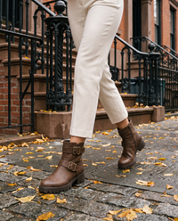 Moto Ankle Boots with Double Buckle and Chunky Heel — worn on a New York street in autumn