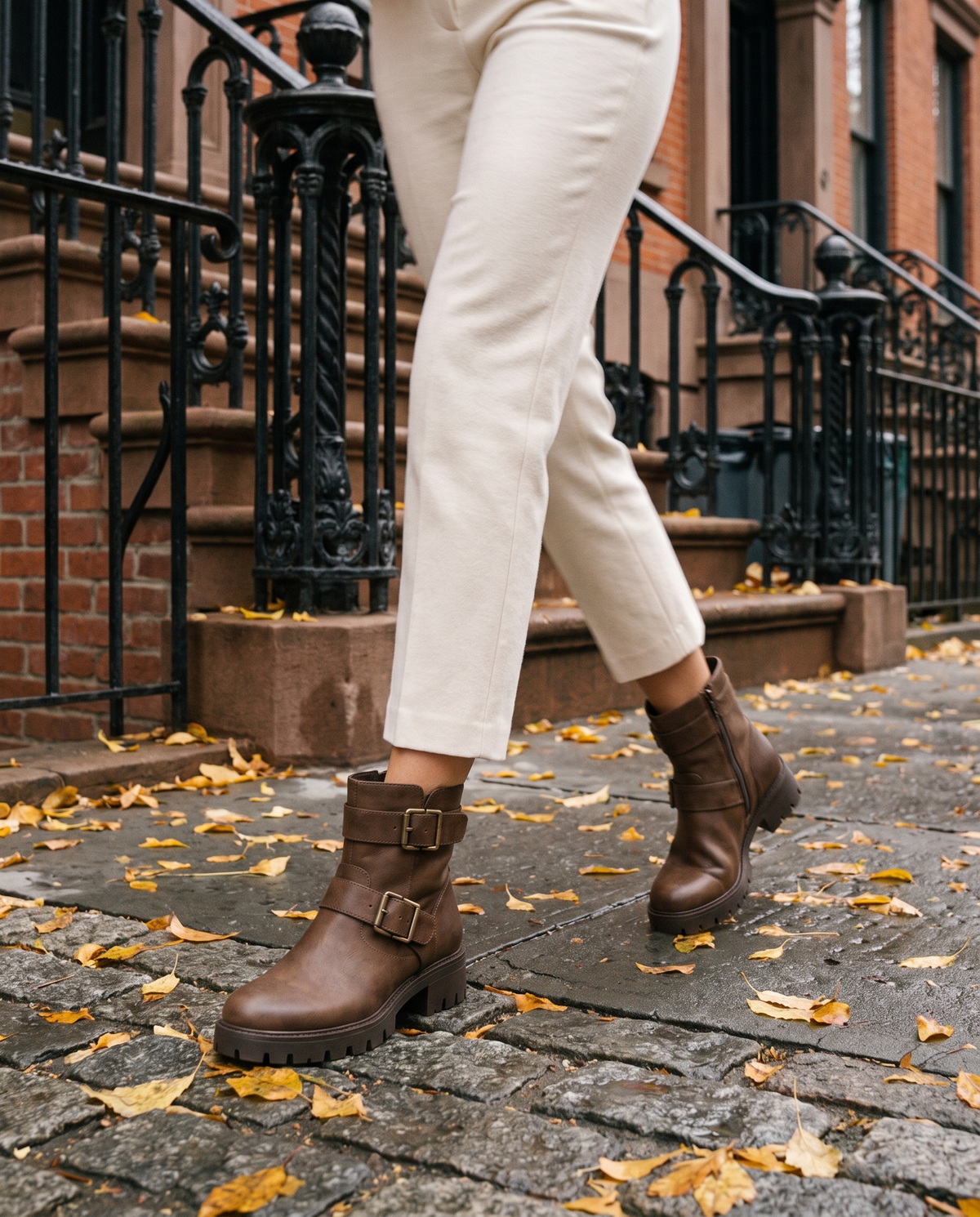 Moto Ankle Boots with Double Buckle and Chunky Heel — worn on a New York street in autumn